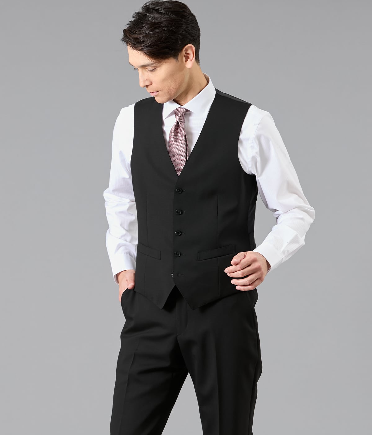 【撥水】10month ソリッドブラック 襟無しオッドベスト(セットアップ対応)