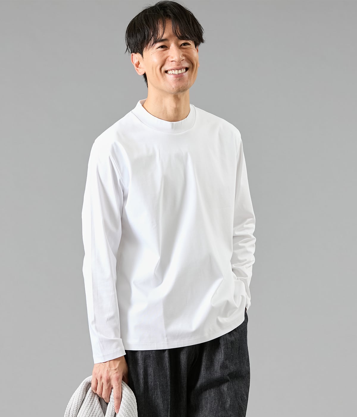 NY CARE FREE 長袖 モックネック ドレスTシャツ(ホワイト)