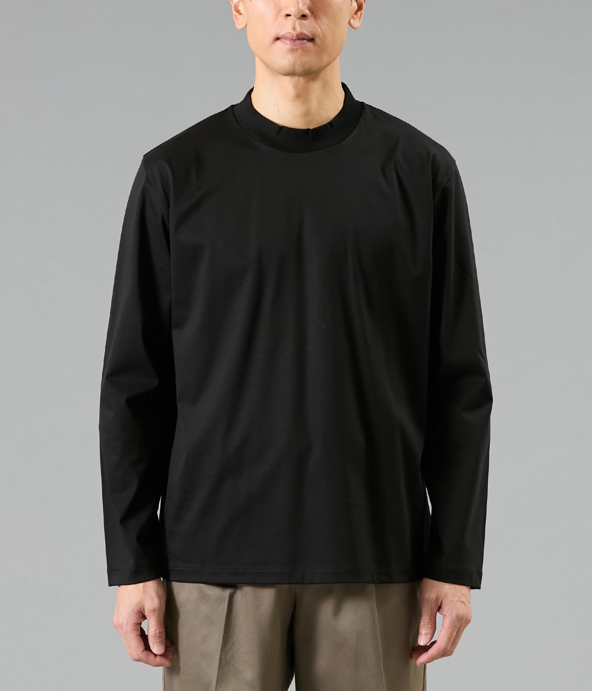 NY CARE FREE 長袖 モックネック ドレスTシャツ（ブラック）(15608663