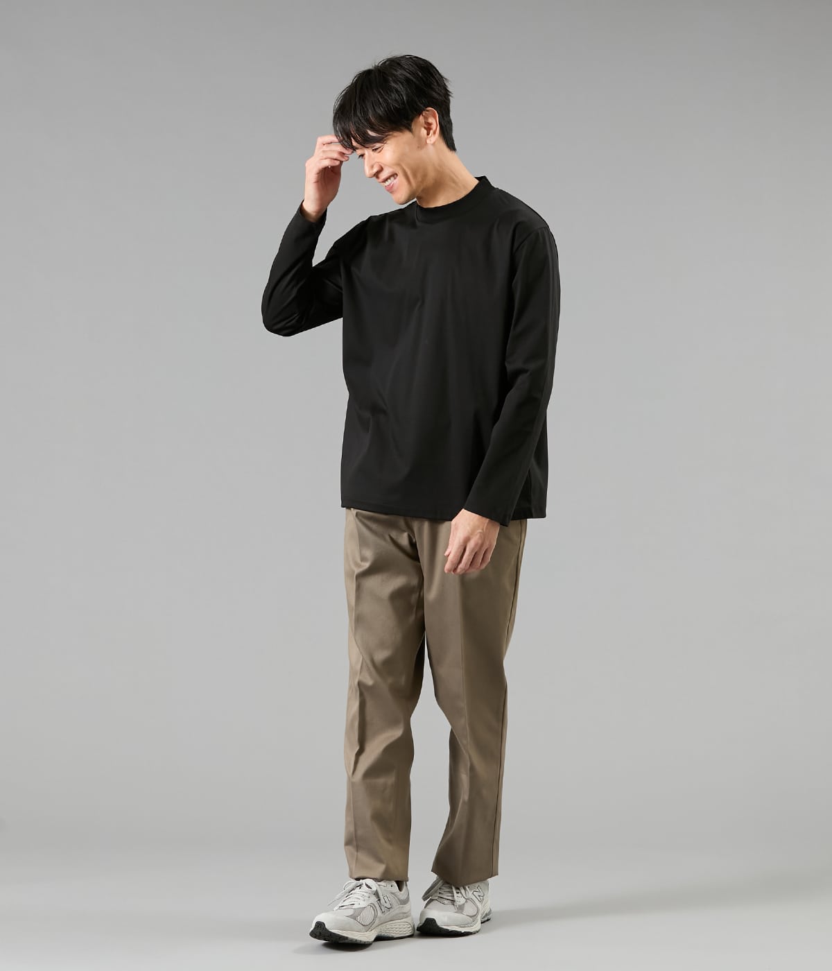 NY CARE FREE 長袖 モックネック ドレスTシャツ（ブラック）(15608663