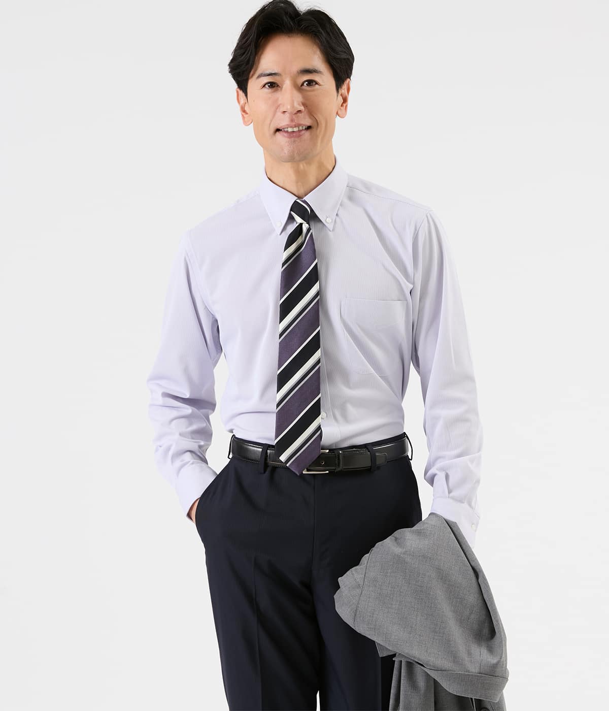 【接触冷感・吸水速乾・ストレッチ・通気性】トリコットストライプ 長袖ボタンダウンシャツ