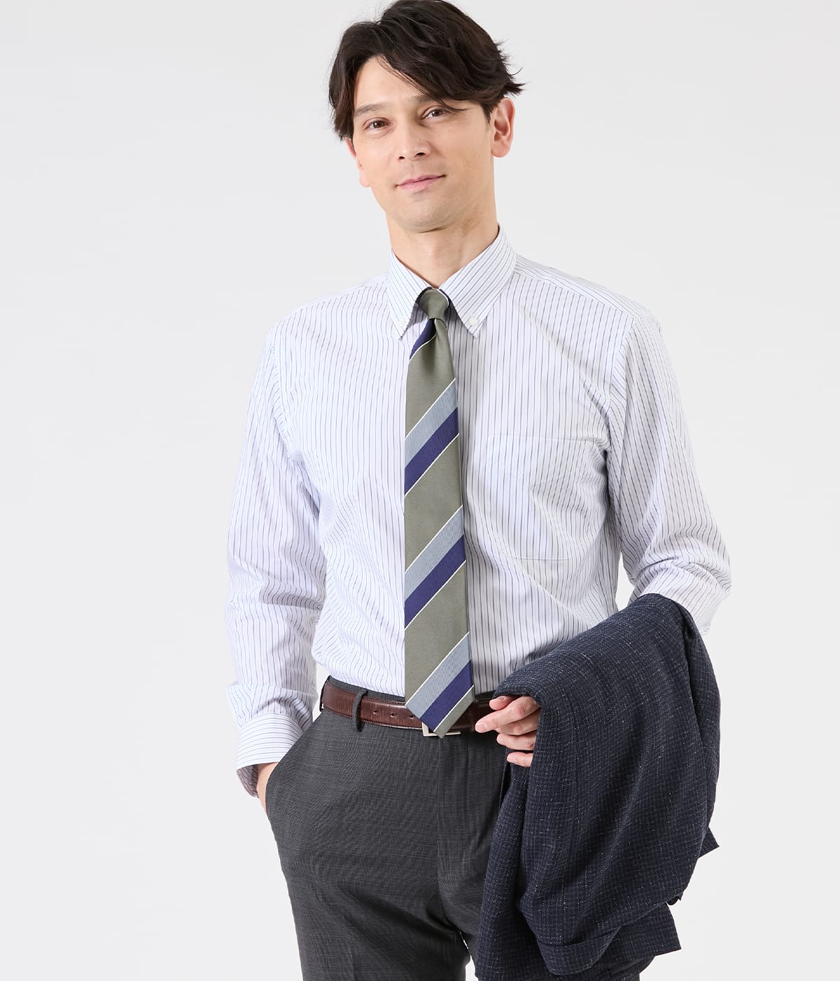 Easy Care・COOLMAX EcoMade オルタネイトストライプ 長袖ボタンダウンシャツ