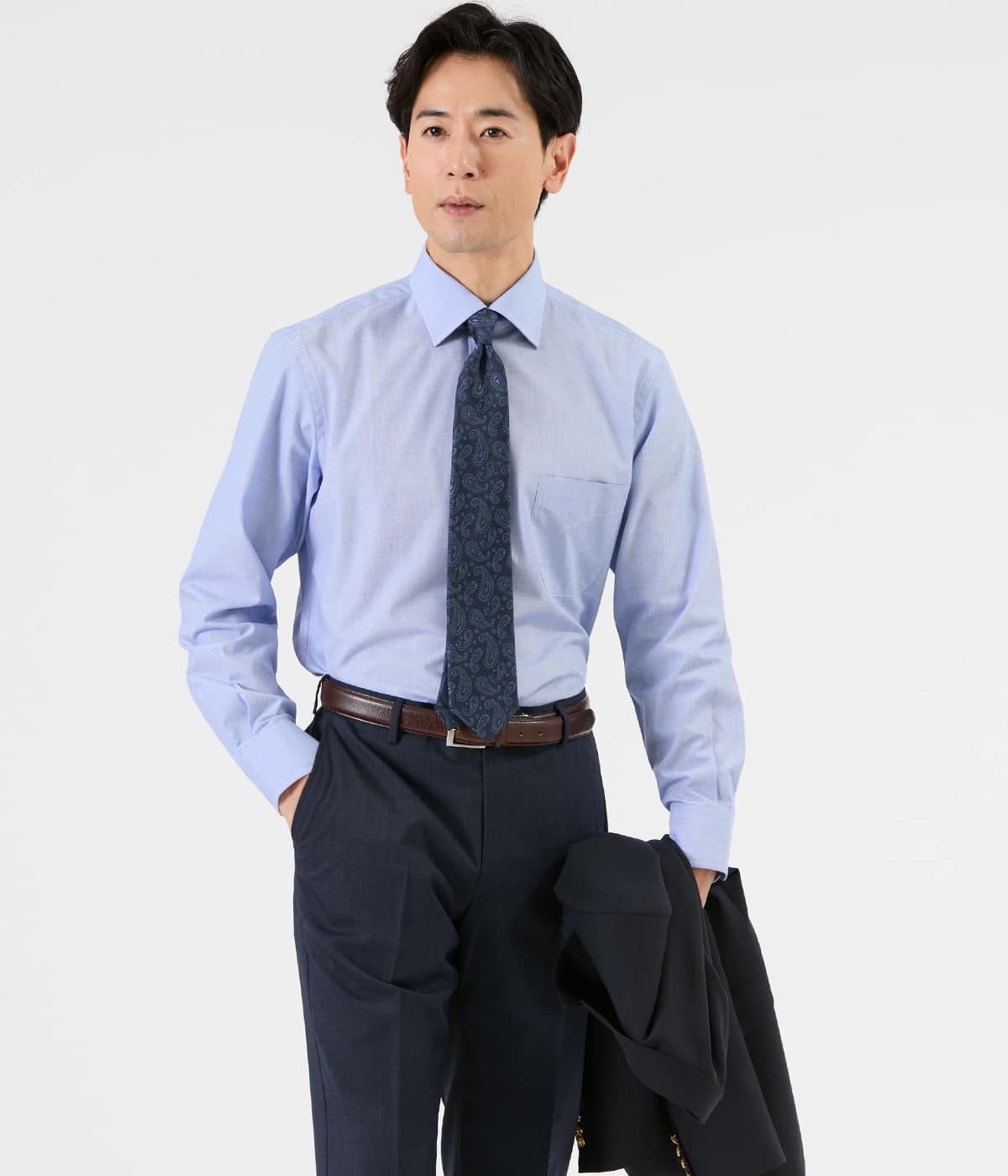 Easy Care ハケメシャンブレー 長袖ワイドカラーシャツ