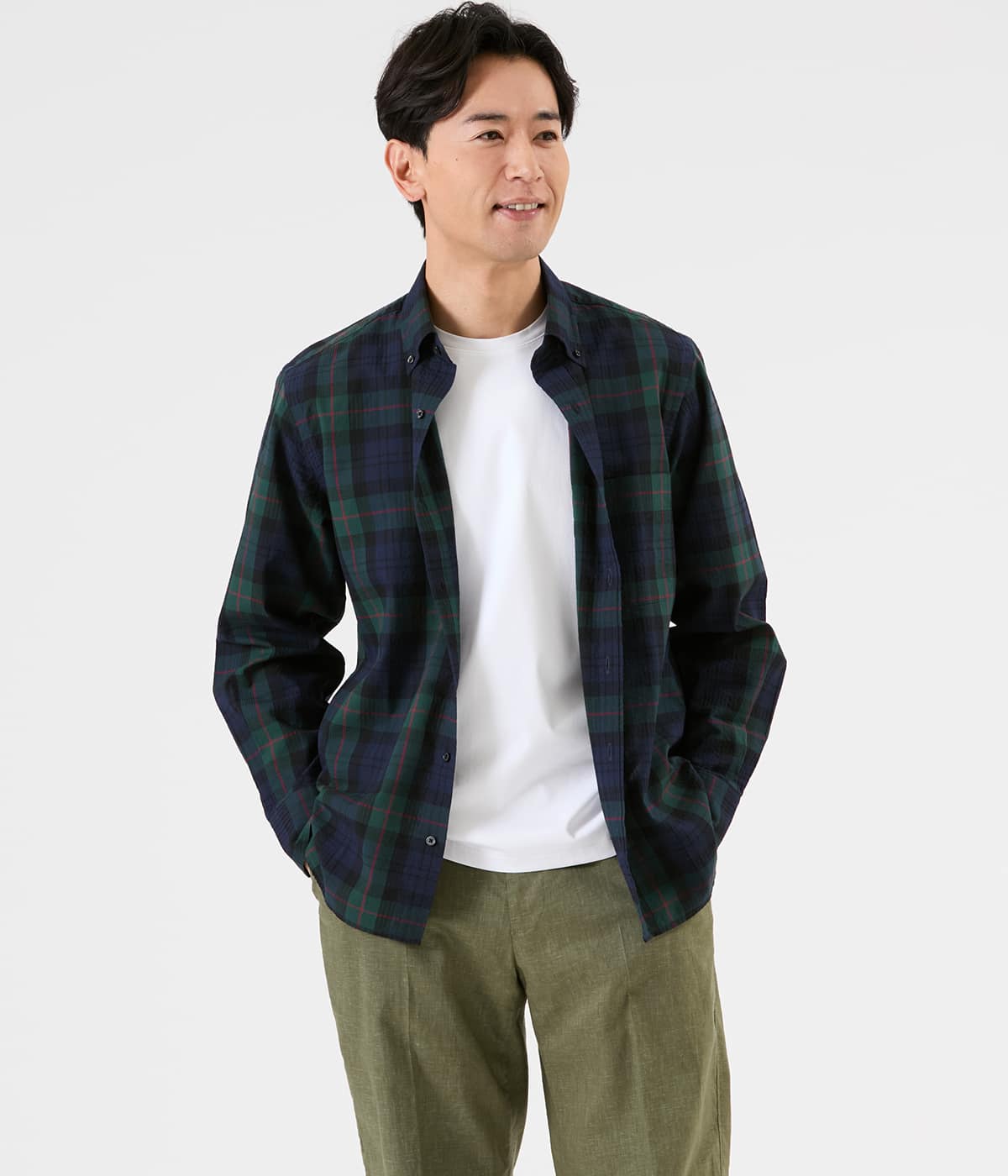 シアサッカービッグチェック 長袖ショートボタンダウンシャツ