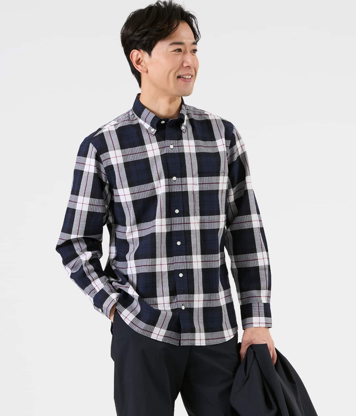 シアサッカービッグチェック 長袖ショートボタンダウンシャツ