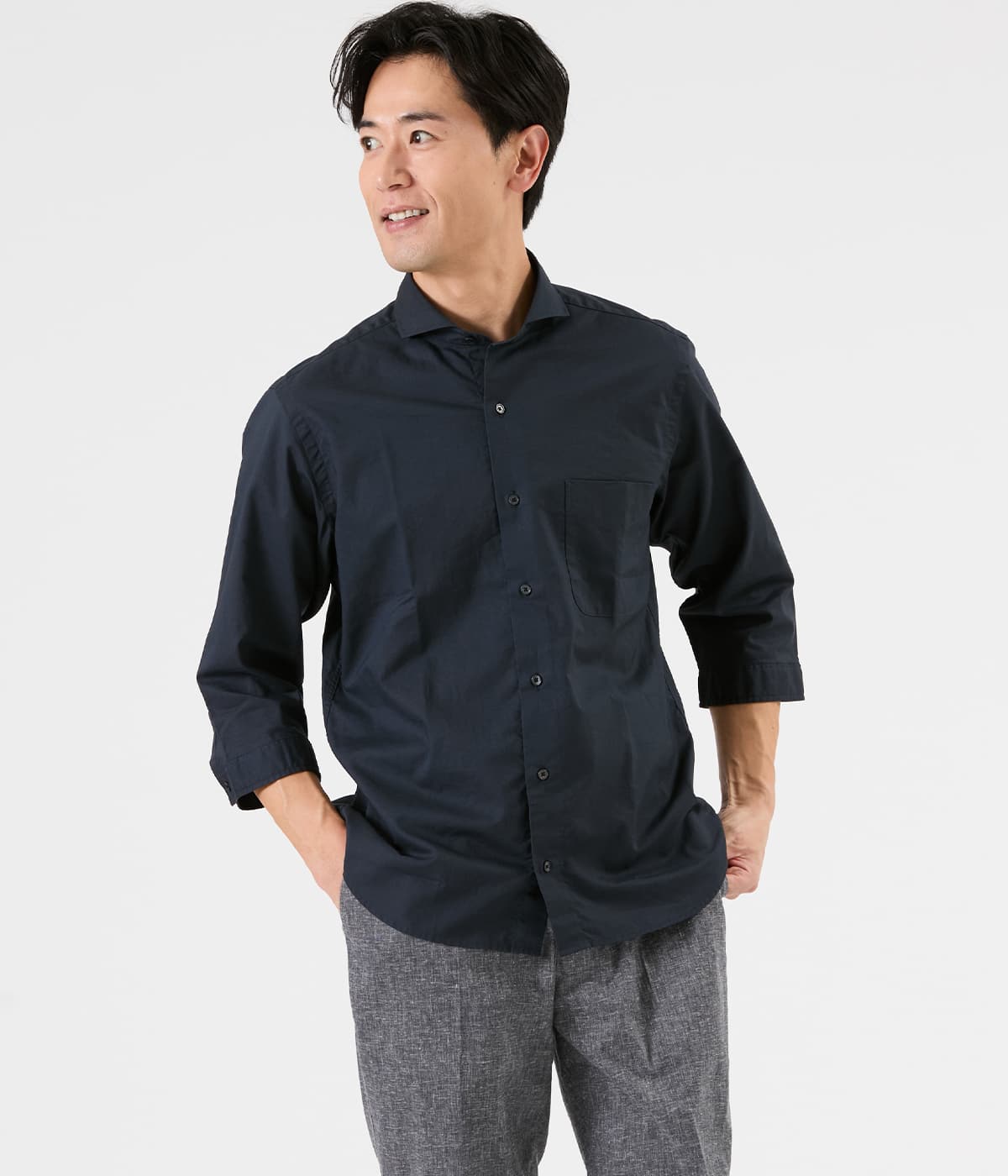 コットンリネンクロス 七分袖カッタウェイカラーシャツ