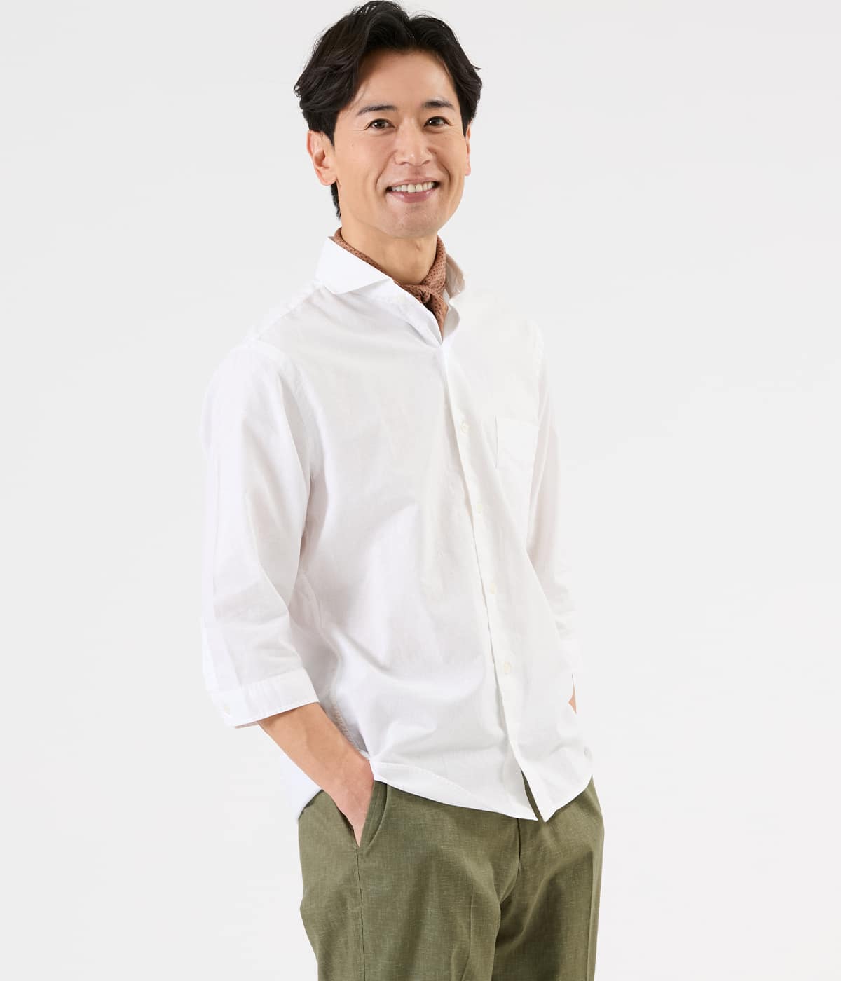 コットンリネンクロス 七分袖カッタウェイカラーシャツ