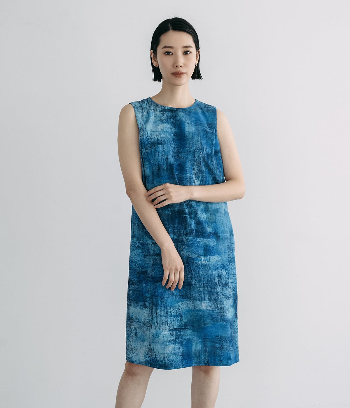 【ウォッシャブル】オーシャンベールプリント ノースリーブサックドレス