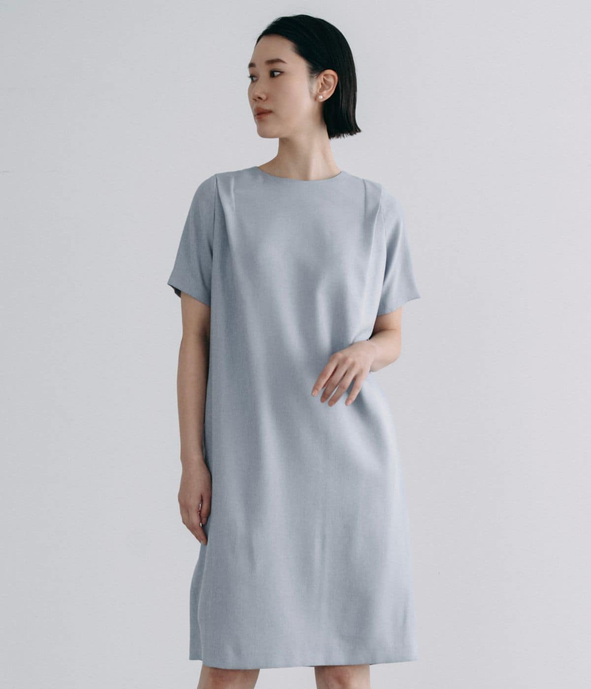 【ウォッシャブル】リネンライクオックス 半袖サックワンピース