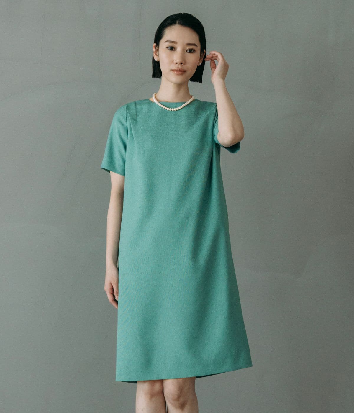 【ウォッシャブル】リネンライクオックス 半袖サックワンピース