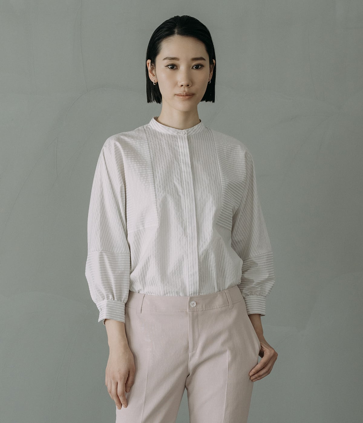 シルキーコットンストライプ 切り替えデザインブラウス