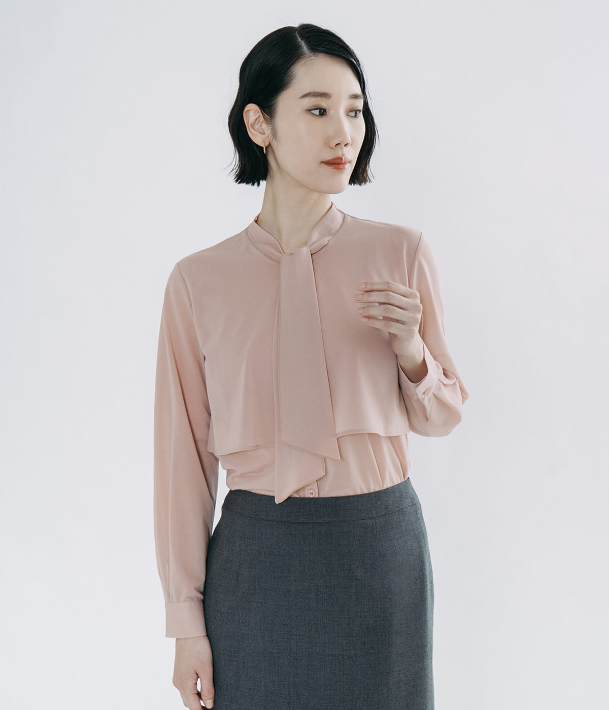 シアジャージー ボウタイレイヤードブラウス