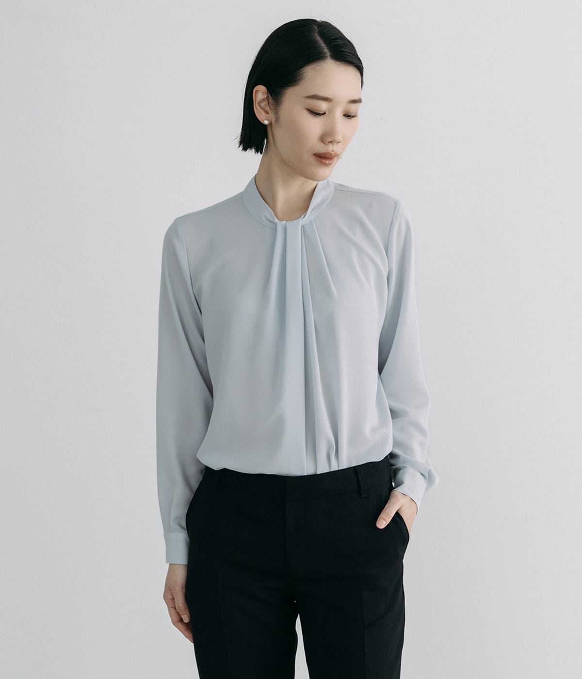 【L】ストレッチジョーゼット スカーフ風長袖ブラウス