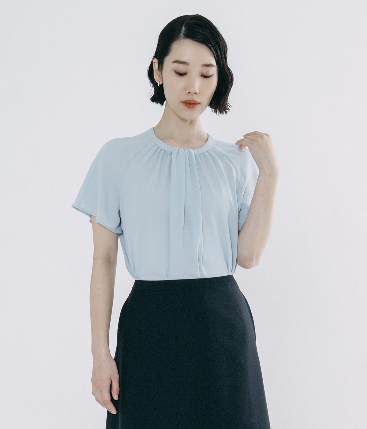 【L】ストレッチジョーゼット スカーフ風フレアスリーブブラウス