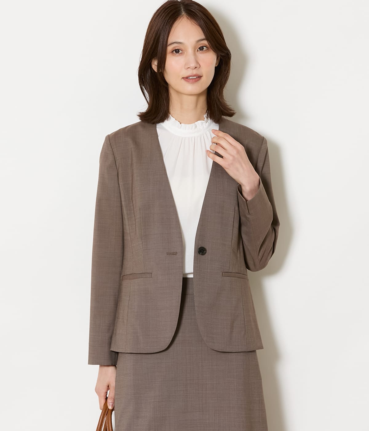 【ウォッシャブル】ウールピンヘッド 1釦カラーレスジャケット