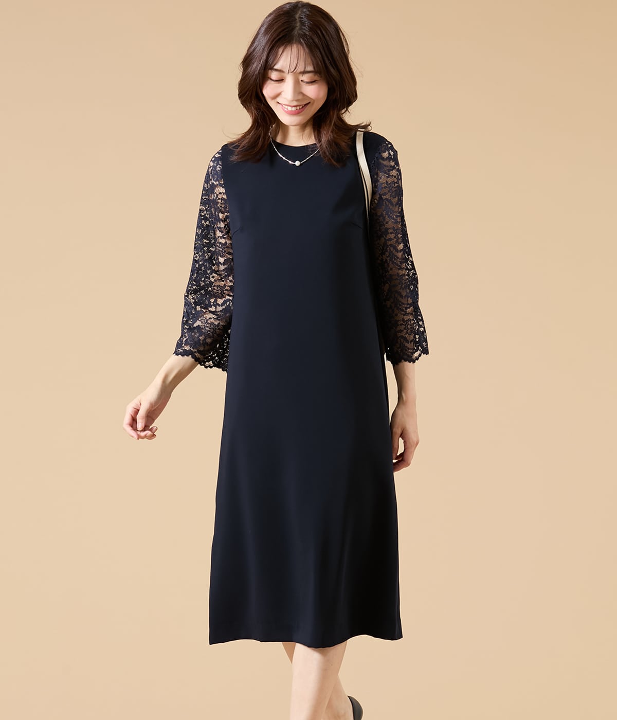 サテン&ラッセルレース コンビワンピース