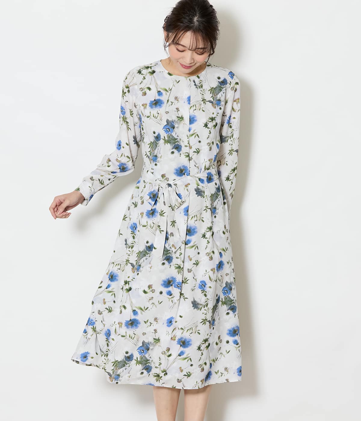 ルミナスフラワープリント フロントタックワンピース