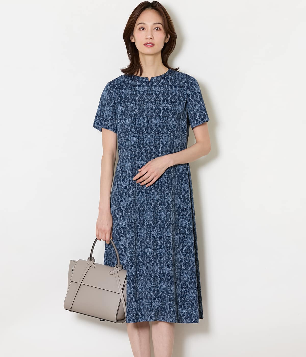 ミモザプリント 半袖フレアワンピース