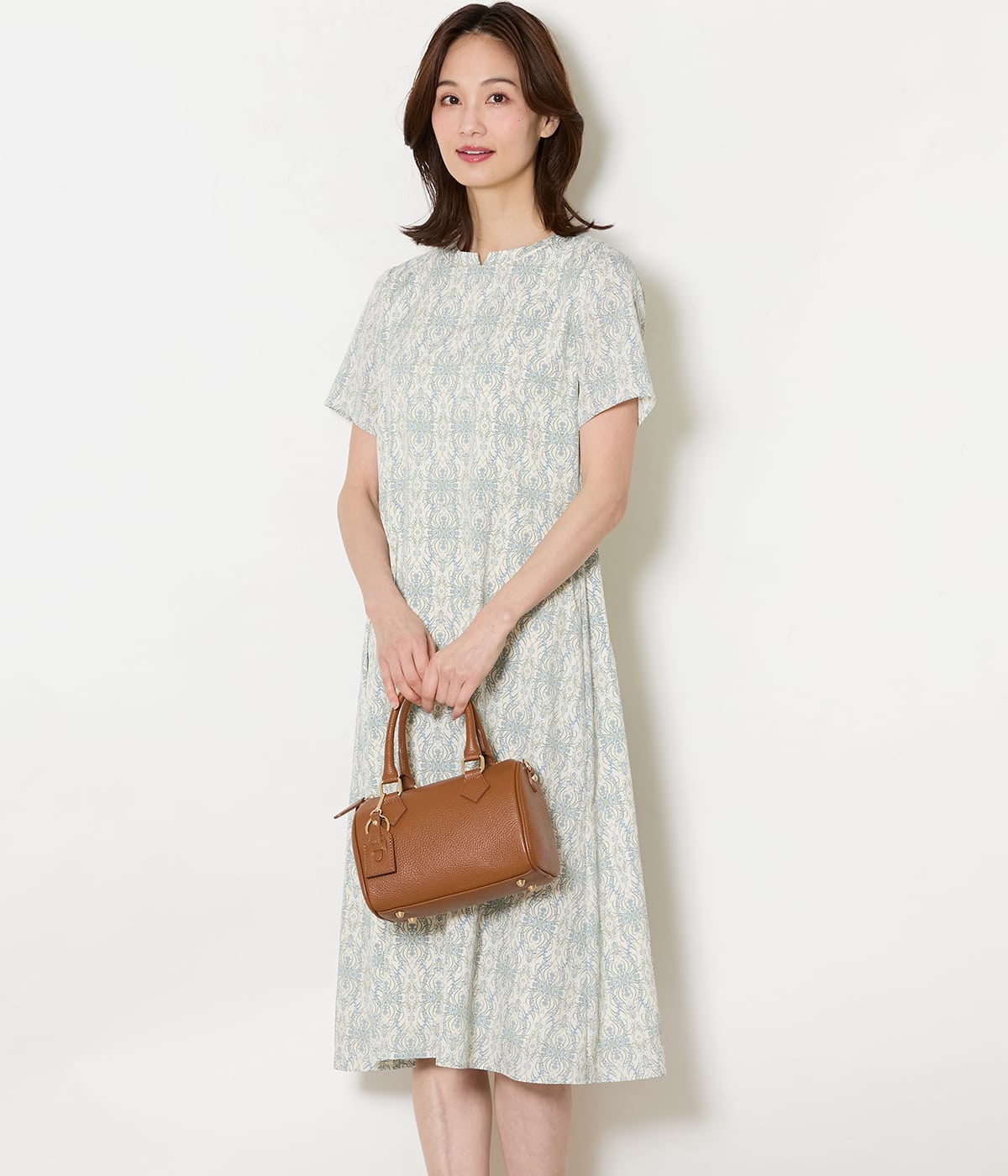 ミモザプリント 半袖フレアワンピース