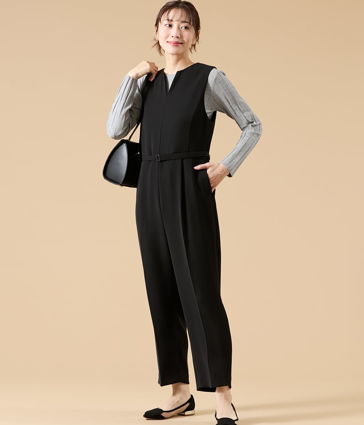 ダブルサテン キーネックオールインワン