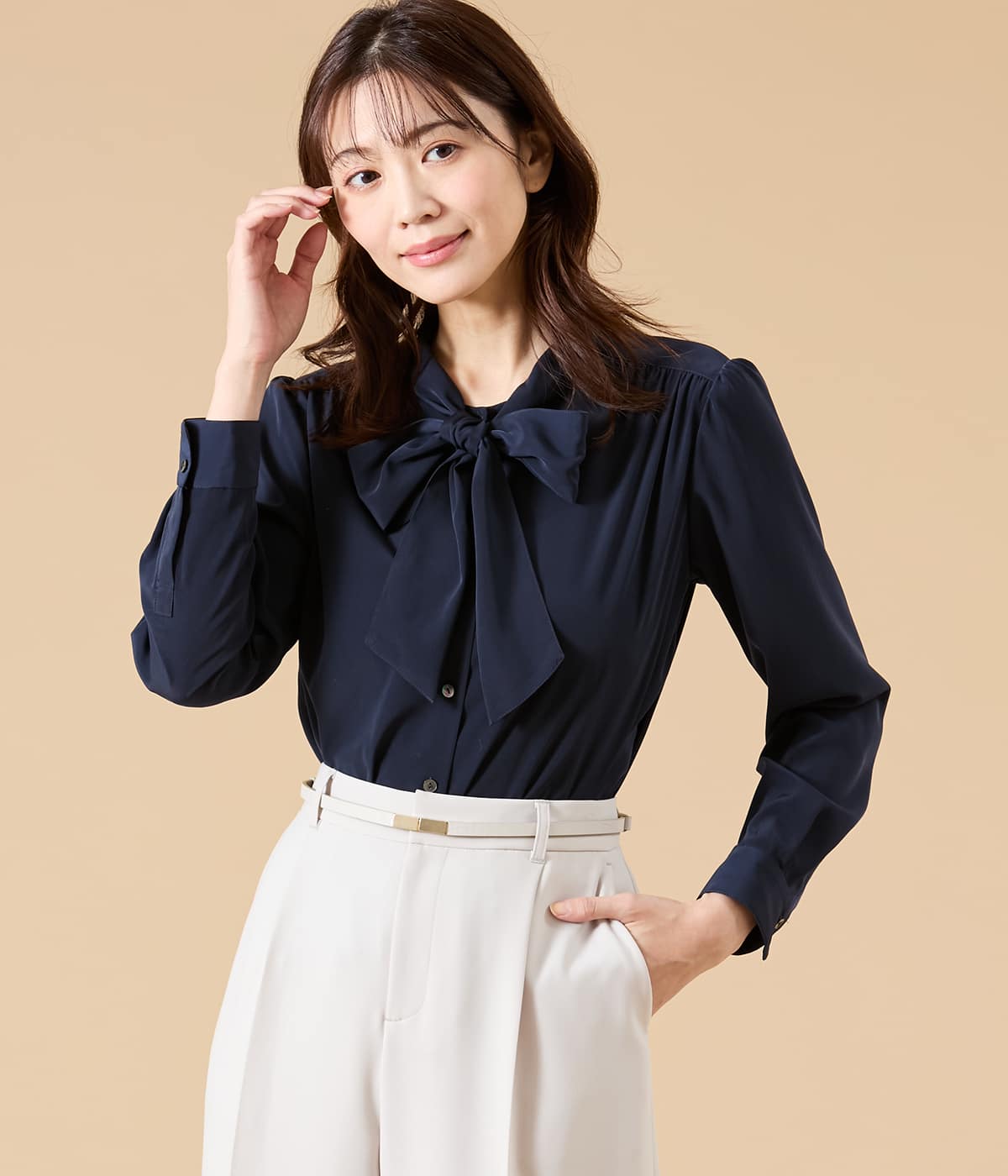 ライトデシン 長袖ボウタイブラウス