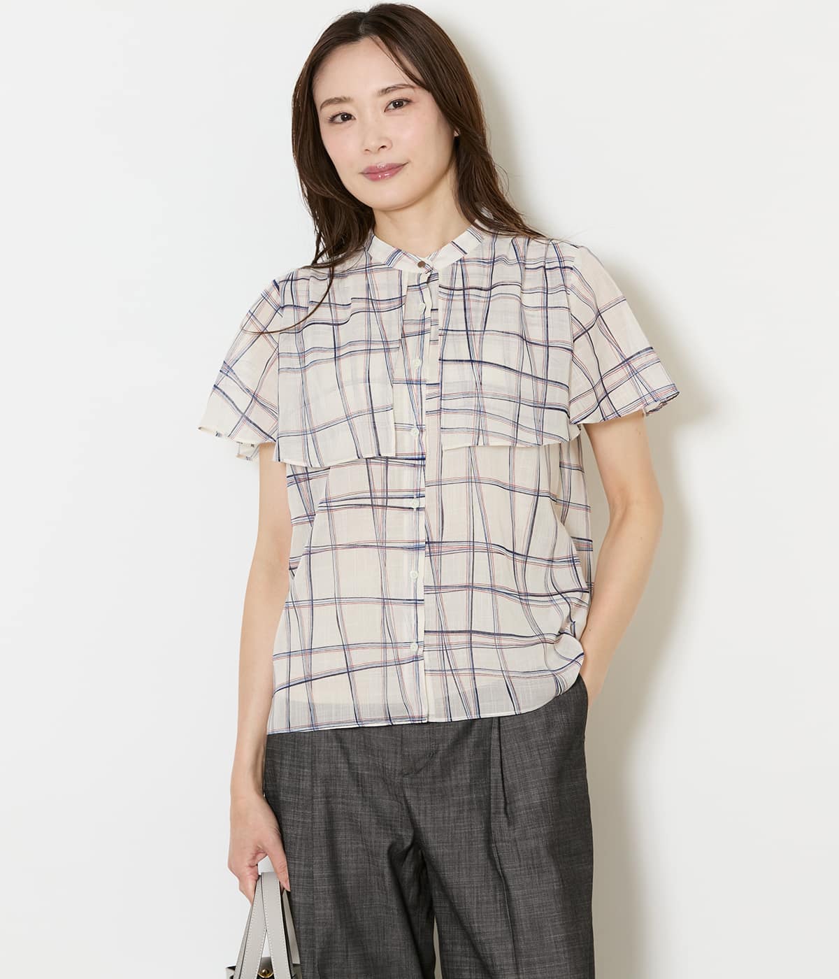 シアースウィングチェック フレアスリーブブラウス