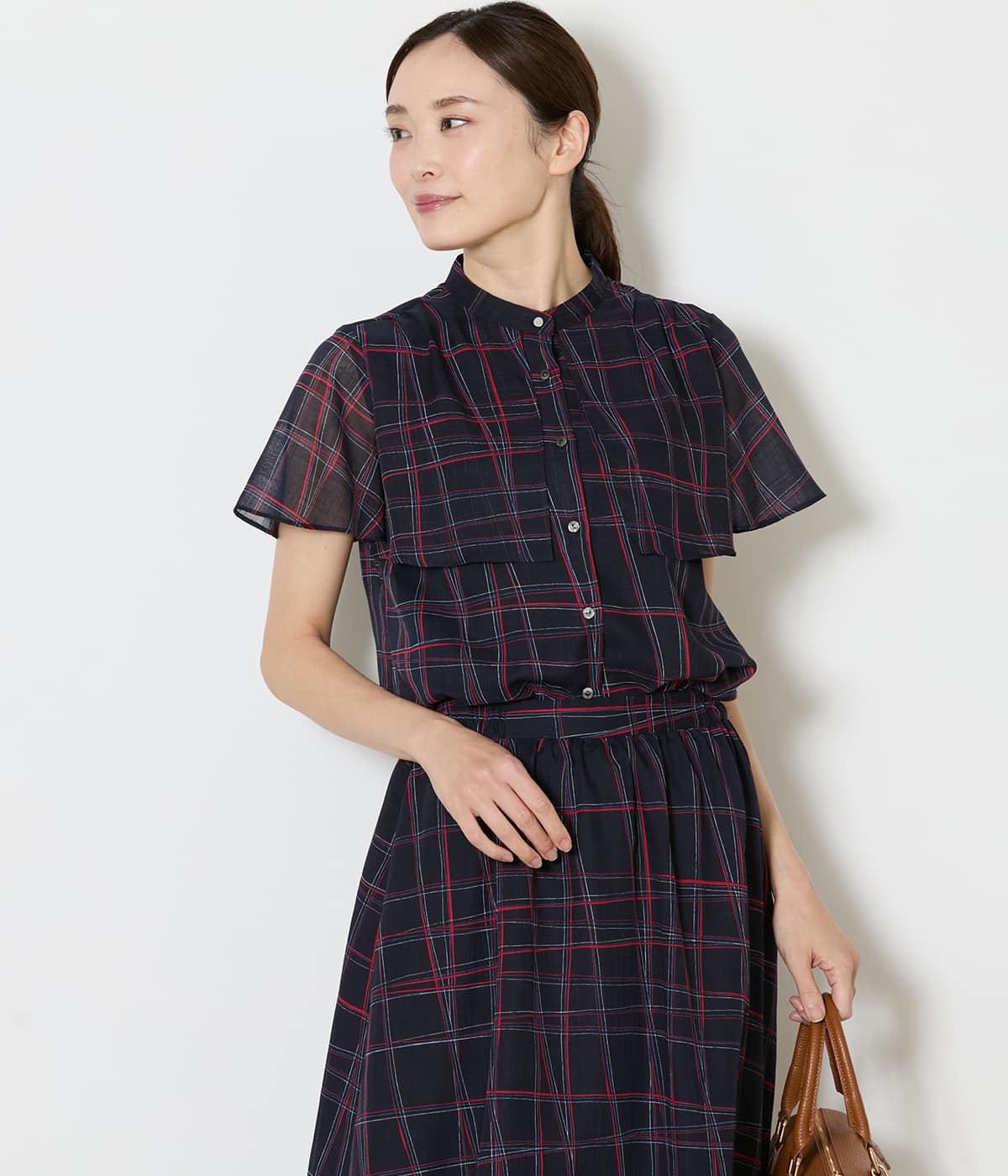 シアースウィングチェック フレアスリーブブラウス