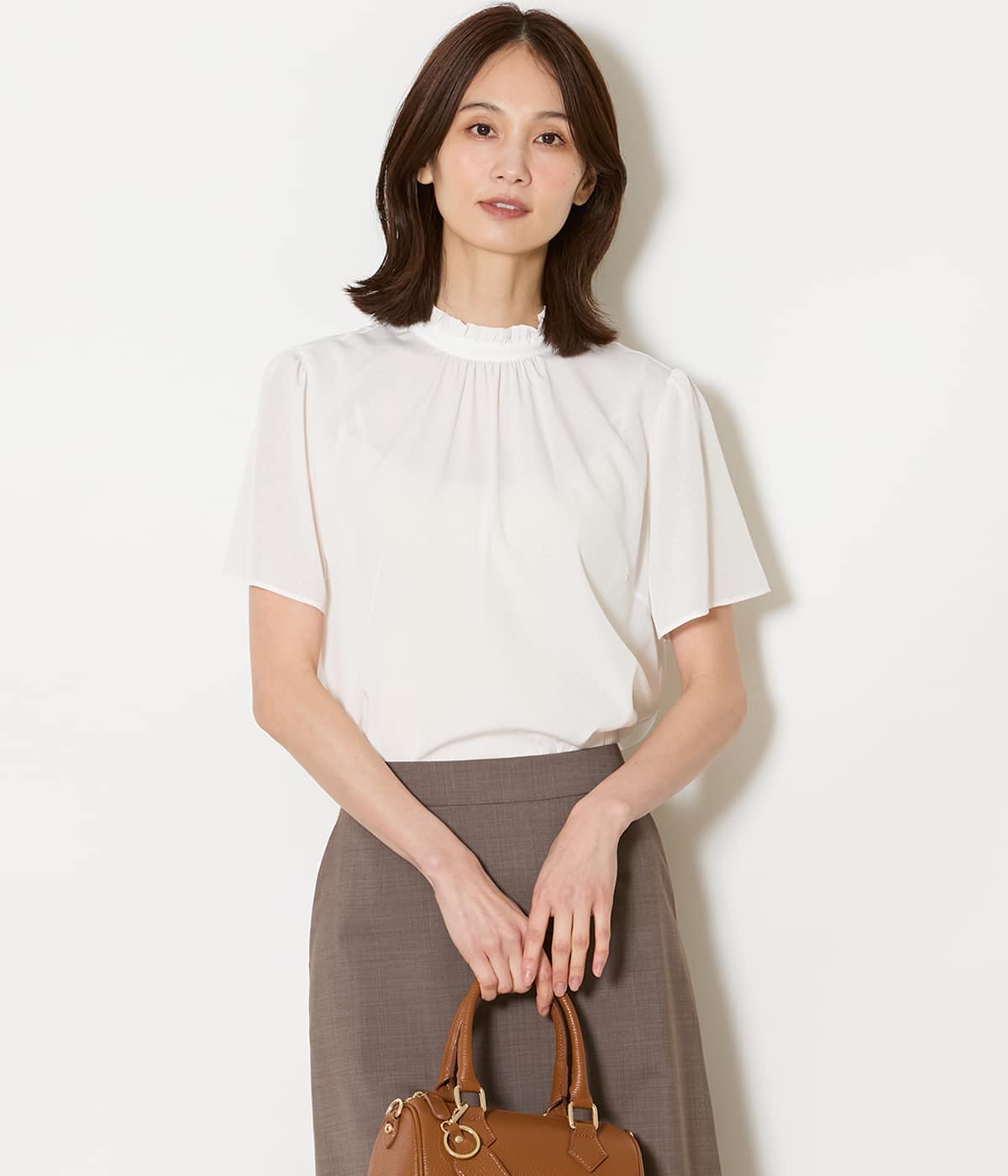 ミニドットデシン スタンドフリル半袖ブラウス