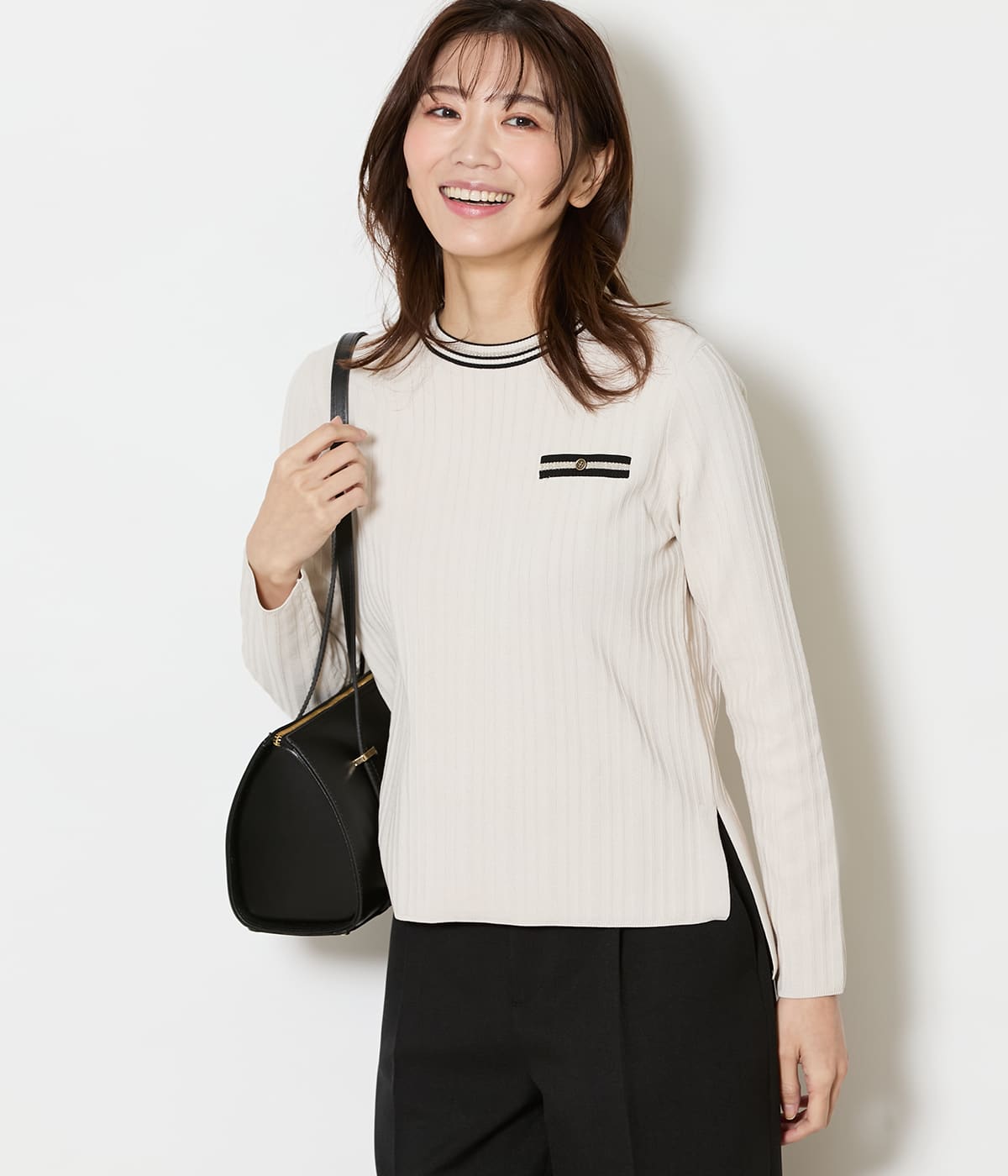 【手洗い可能】コットンポリエステル 配色クルーネックリブプルオーバー