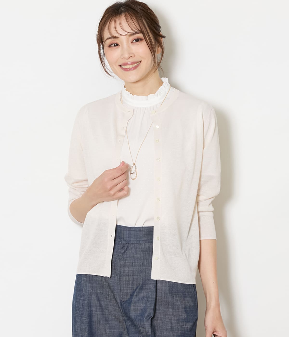 ヴィスコースポリエステル クルーネックカーディガン