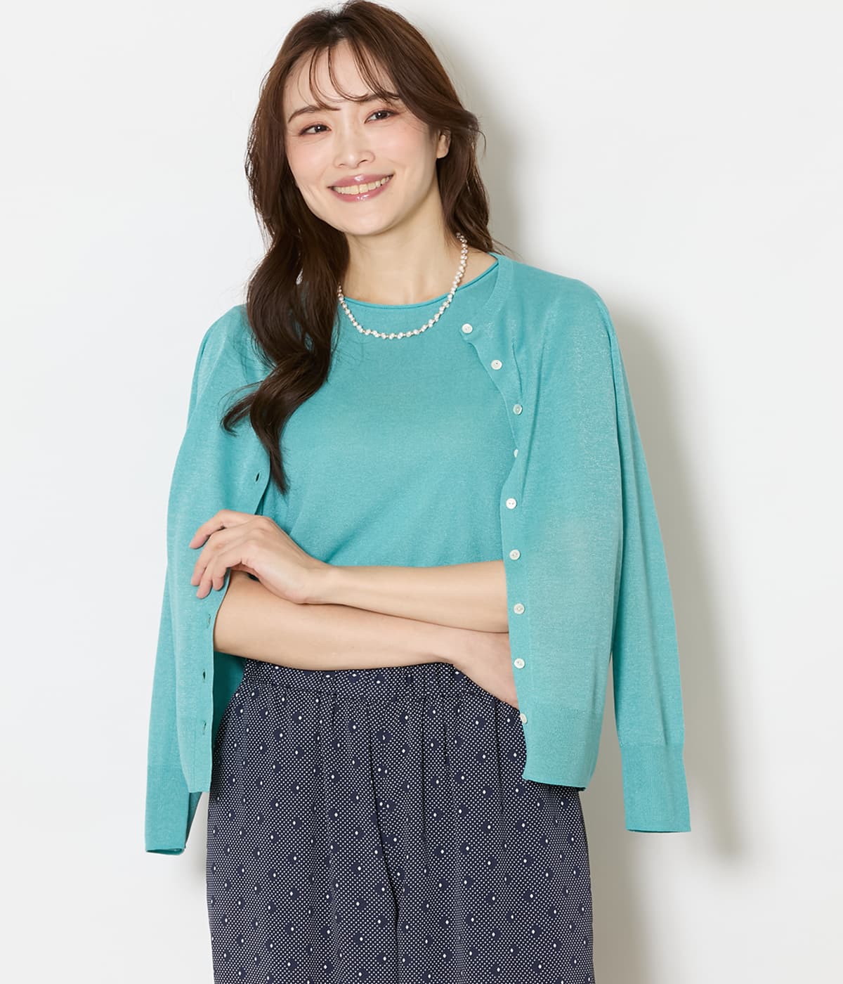 ヴィスコースポリエステル クルーネックカーディガン