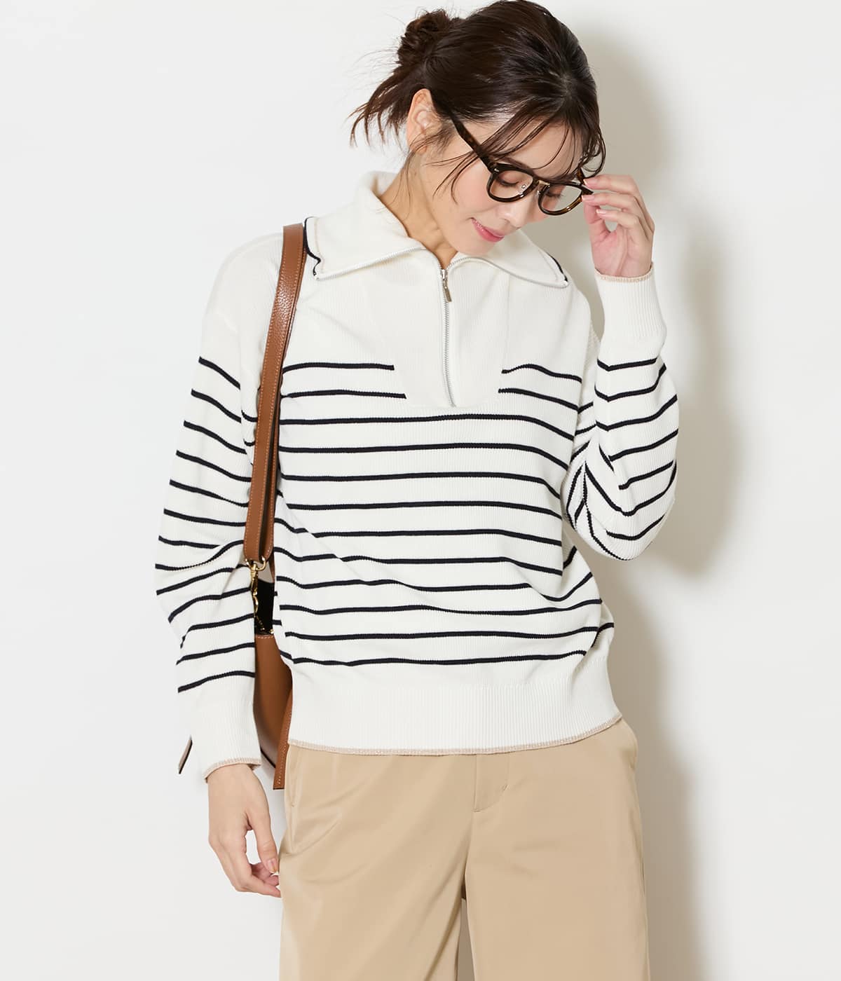 【手洗い可能】コットン片畔ボーダー ハーフジップニットプルオーバー