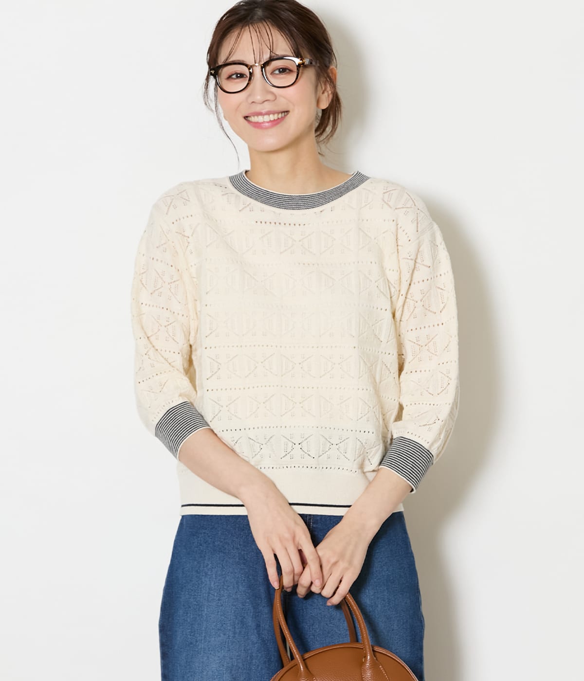 【手洗い可能】クロッシェ編み透かし柄 7分袖プルオーバー