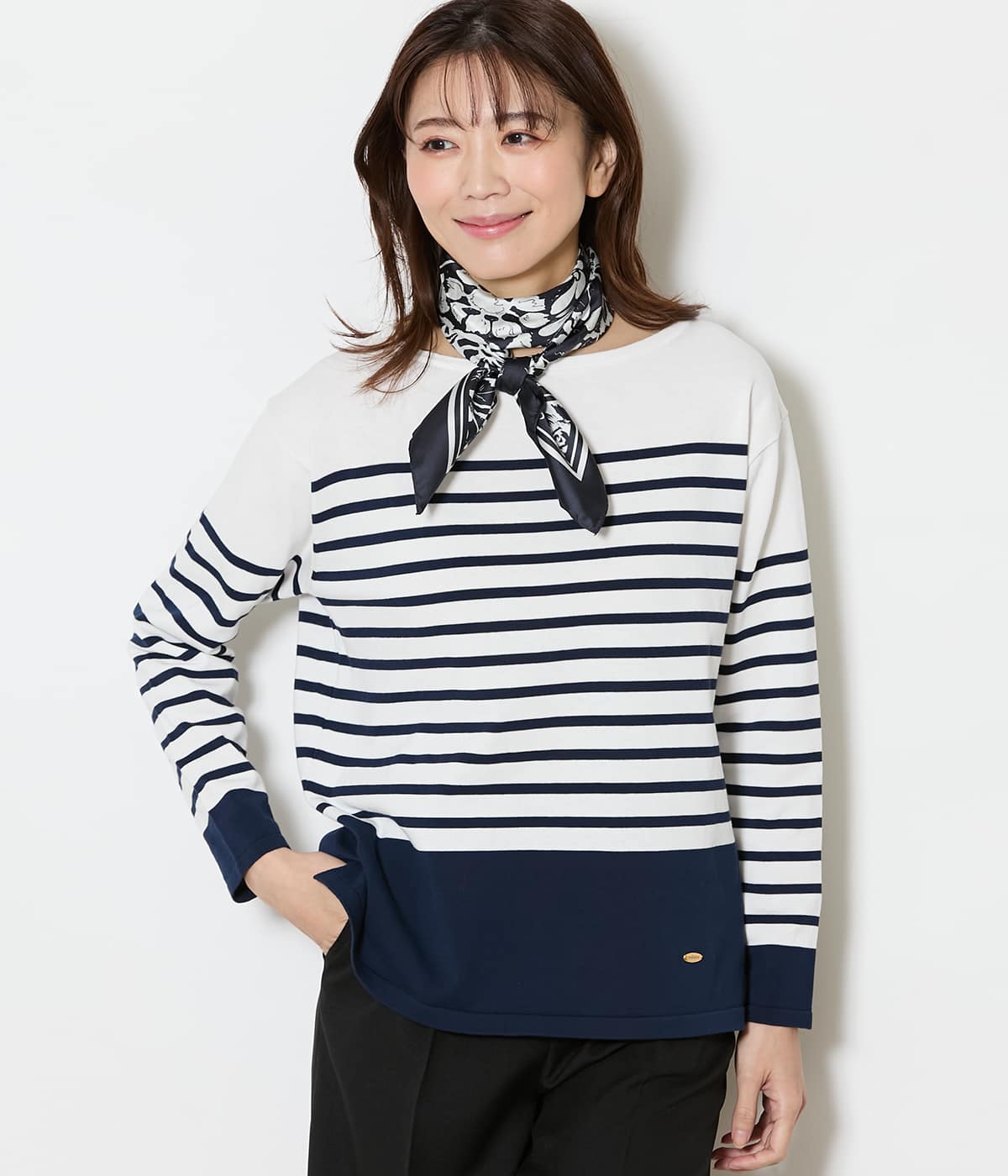 【手洗い可能】コットン天竺 パネルボーダーニットプルオーバー