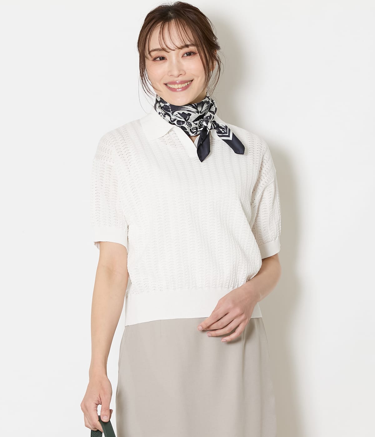 強撚コットン 透かし編み柄ニットポロ