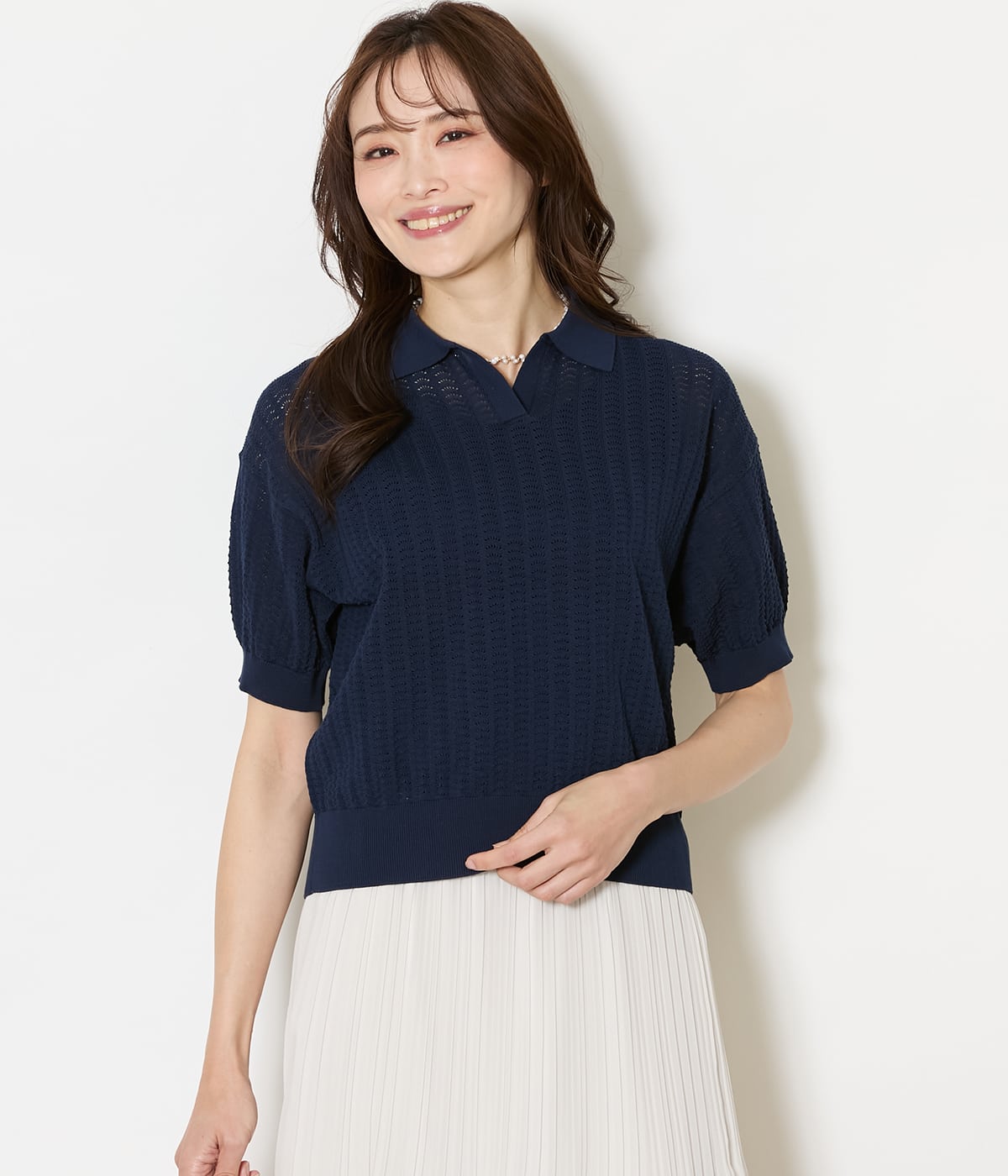 強撚コットン 透かし編み柄ニットポロ