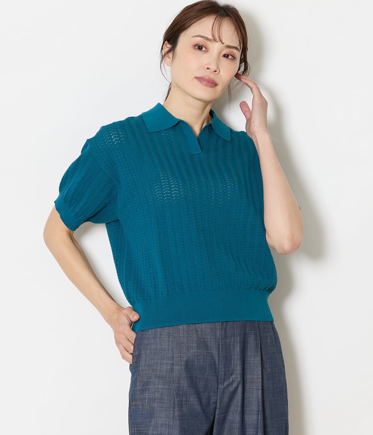 強撚コットン 透かし編み柄ニットポロ