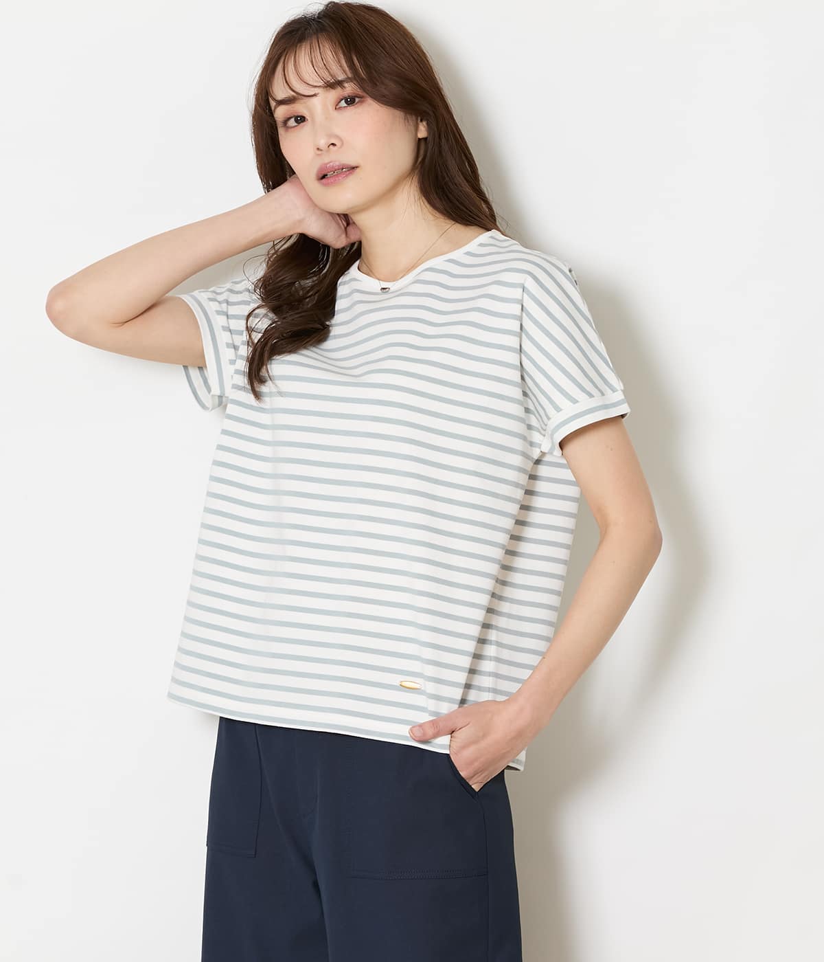 【接触冷感】コットン天竺 フレンチスリーブボーダーカットソー