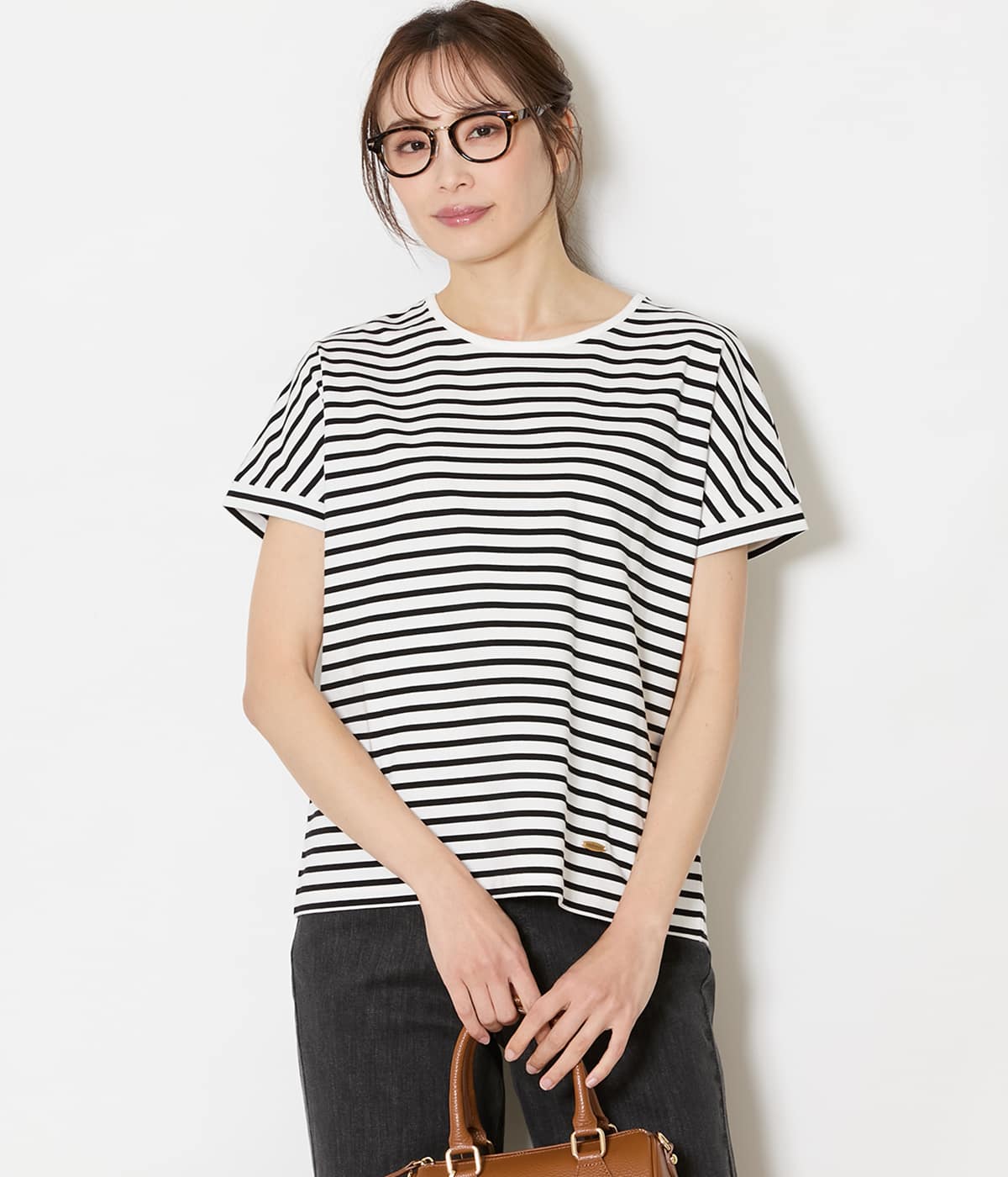 【接触冷感】コットン天竺 フレンチスリーブボーダーカットソー