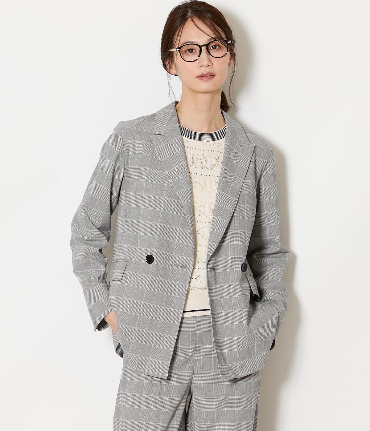 【L】【ウォッシャブル】綿麻カラードグレンチェック ピークドラペルダブルジャケット