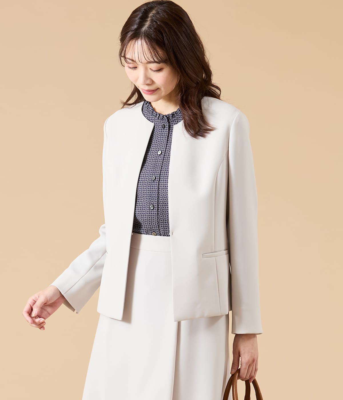 【L】【ウォッシャブル】シルキークロス ノーカラ―ジャケット