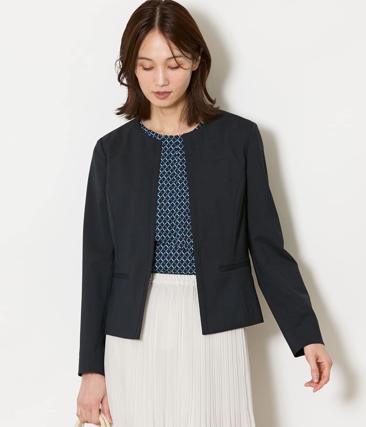 【L】【ウォッシャブル】ウールピンヘッド 1ホックノーカラージャケット