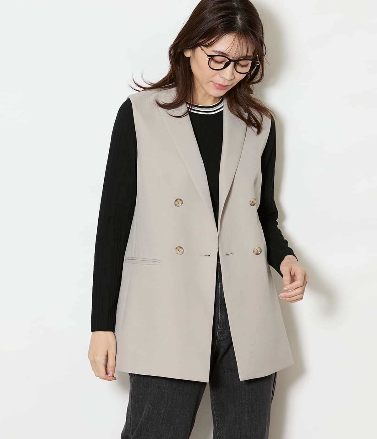 【L】【ウォッシャブル】ブライトツイル ピークドラペルダブルブレストジレ