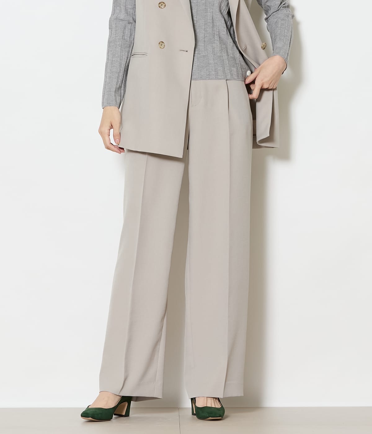 【L】【ウォッシャブル】ブライトツイル 1タックワイドパンツ