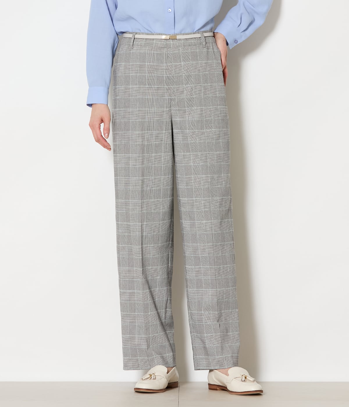 【L】【ウォッシャブル】綿麻カラードグレンチェック ストレートトラウザーパンツ