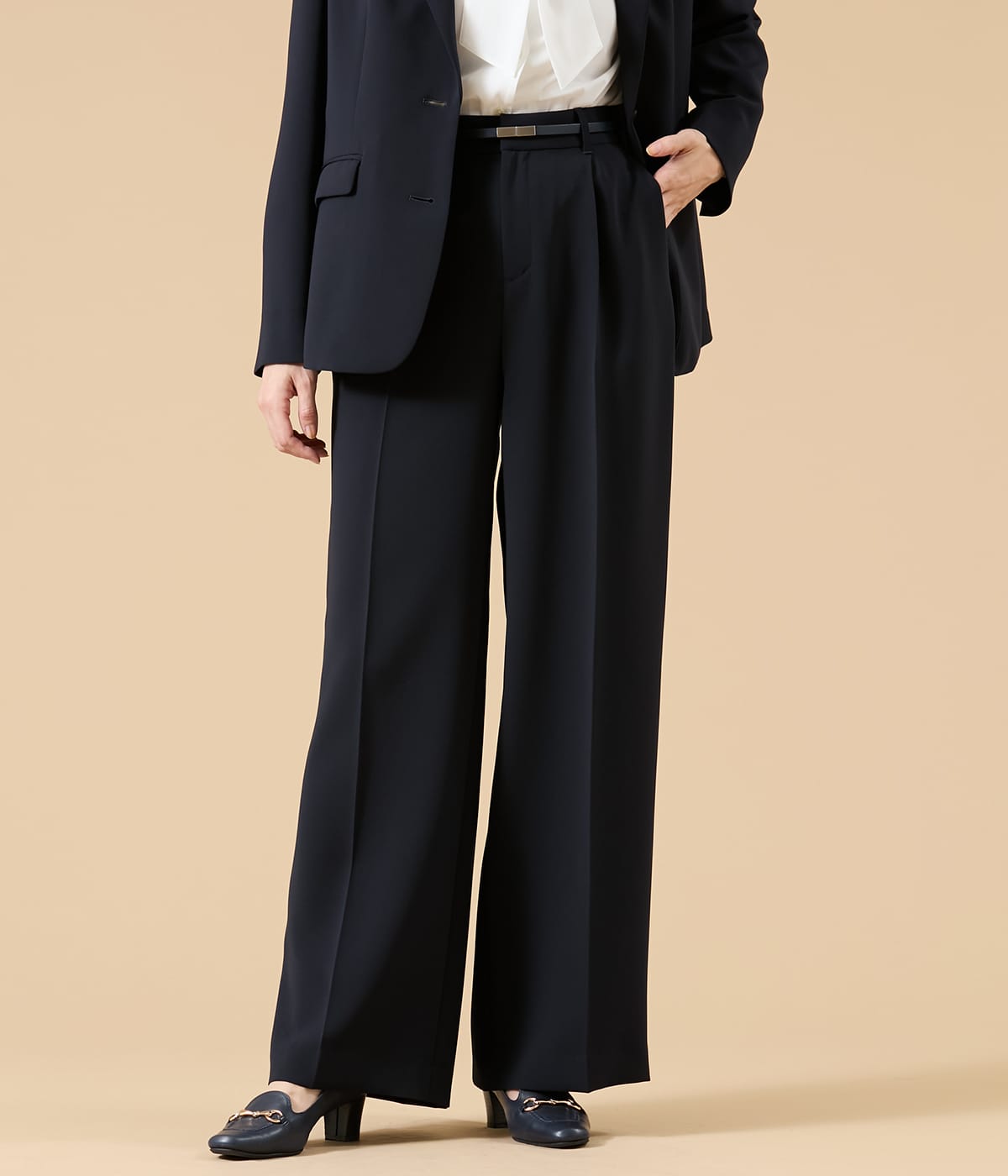 【L】【ウォッシャブル】シルキークロス 1タックワイドパンツ（ネイビー）