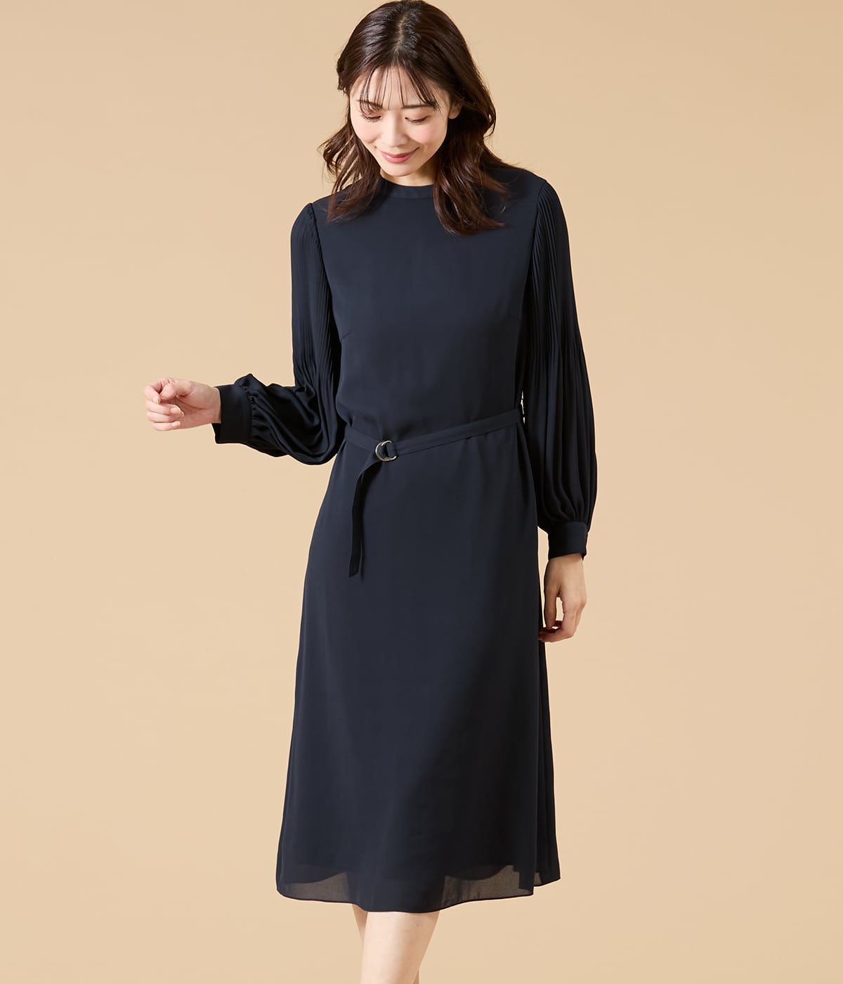 【L】【ウォッシャブル】ソフトジョーゼット 袖プリーツワンピース