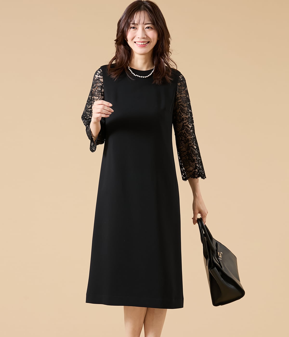 【L】サテン&ラッセルレース コンビワンピース