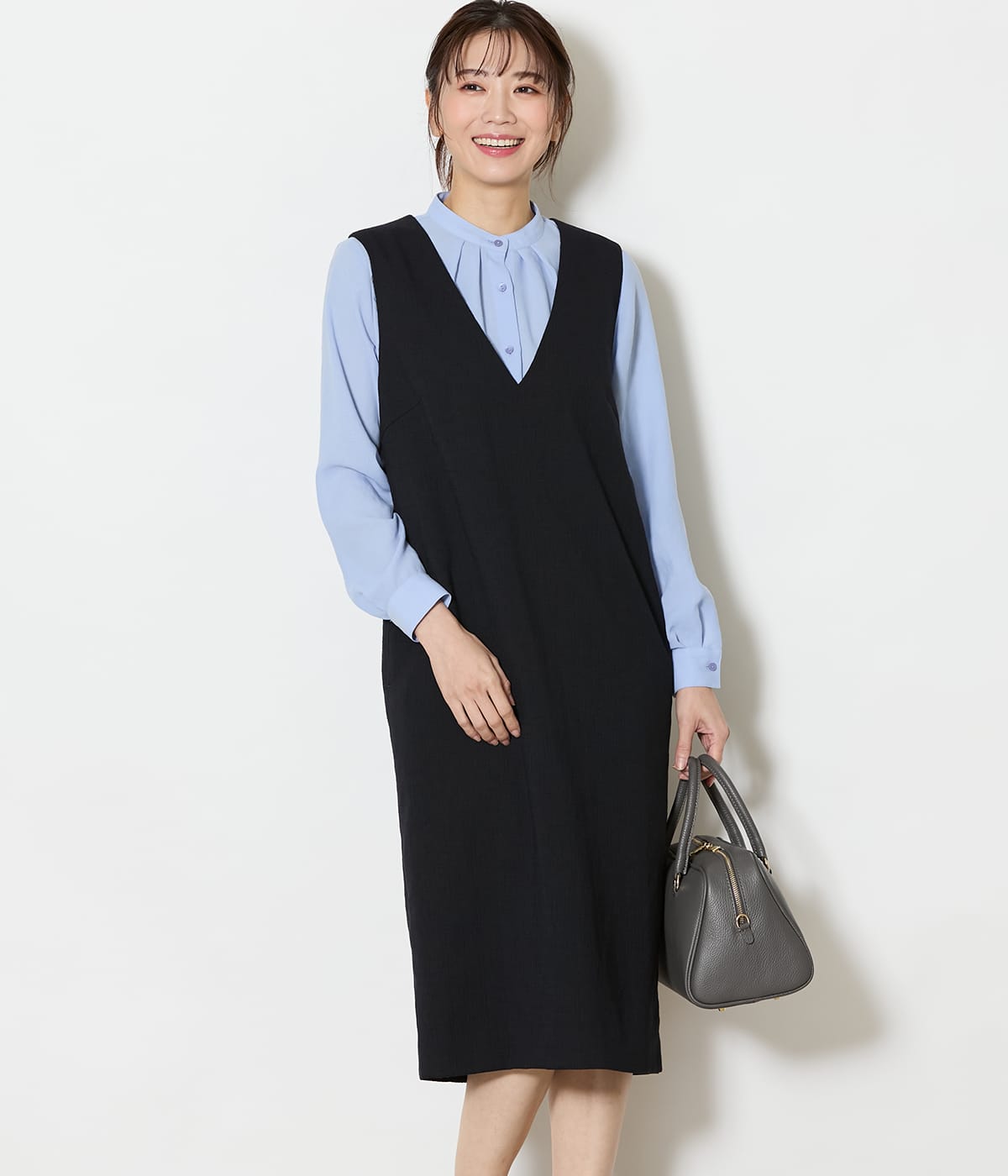 【L】【ウォッシャブル】ソフトブッチャー Vネックジャンパースカート