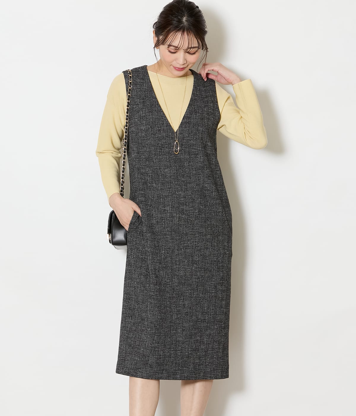 【L】【ウォッシャブル】ソフトブッチャー Vネックジャンパースカート